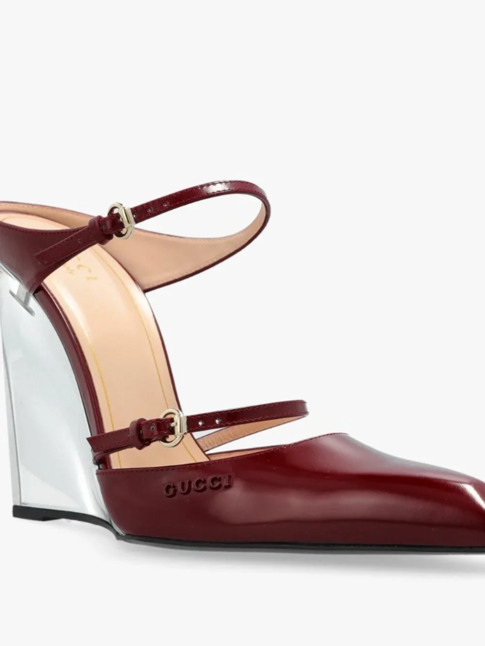 GUCCI SHOES LEATHER w LUCITE WEDGE MULES LOGO EMBOSSED  sz 38 8